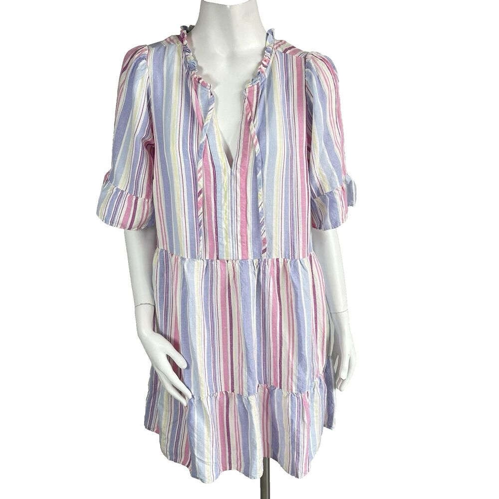 Loft Pastel Striped Linen Blend Tiered Babydoll Swing Dress L Resort Summer